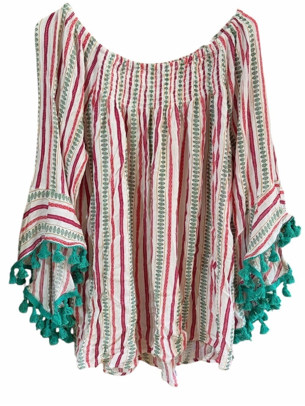 Studio West Apparel Striped 3/4 Tassel Trim Bell Sleeves Off Shoulder Plus XXL